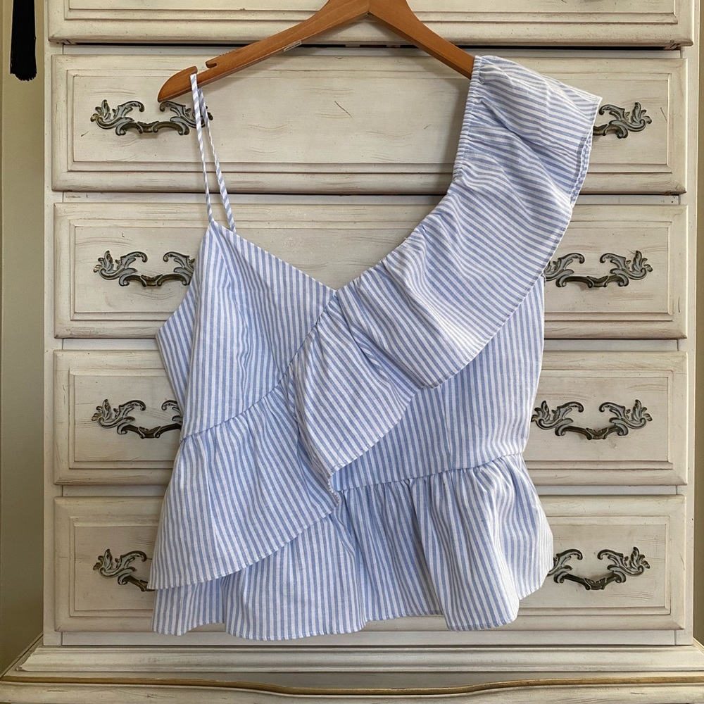 English Factory Light Blue & White Striped One-Shoulder Ruffle Top